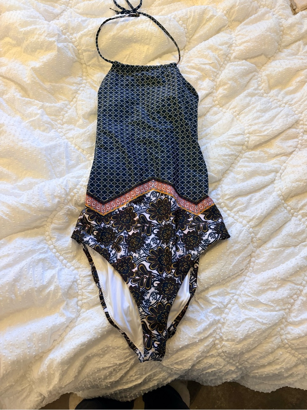 Simons Navy, White & Pink Patterned One-Piece Swimsuit